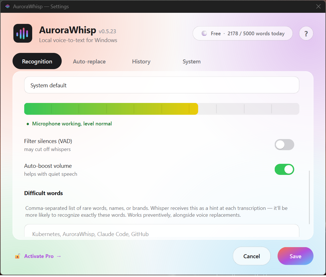 AuroraWhisp window — Recognition tab, speech language and model picker (Whisper Tiny / Base / Small / Medium / Large-v3)